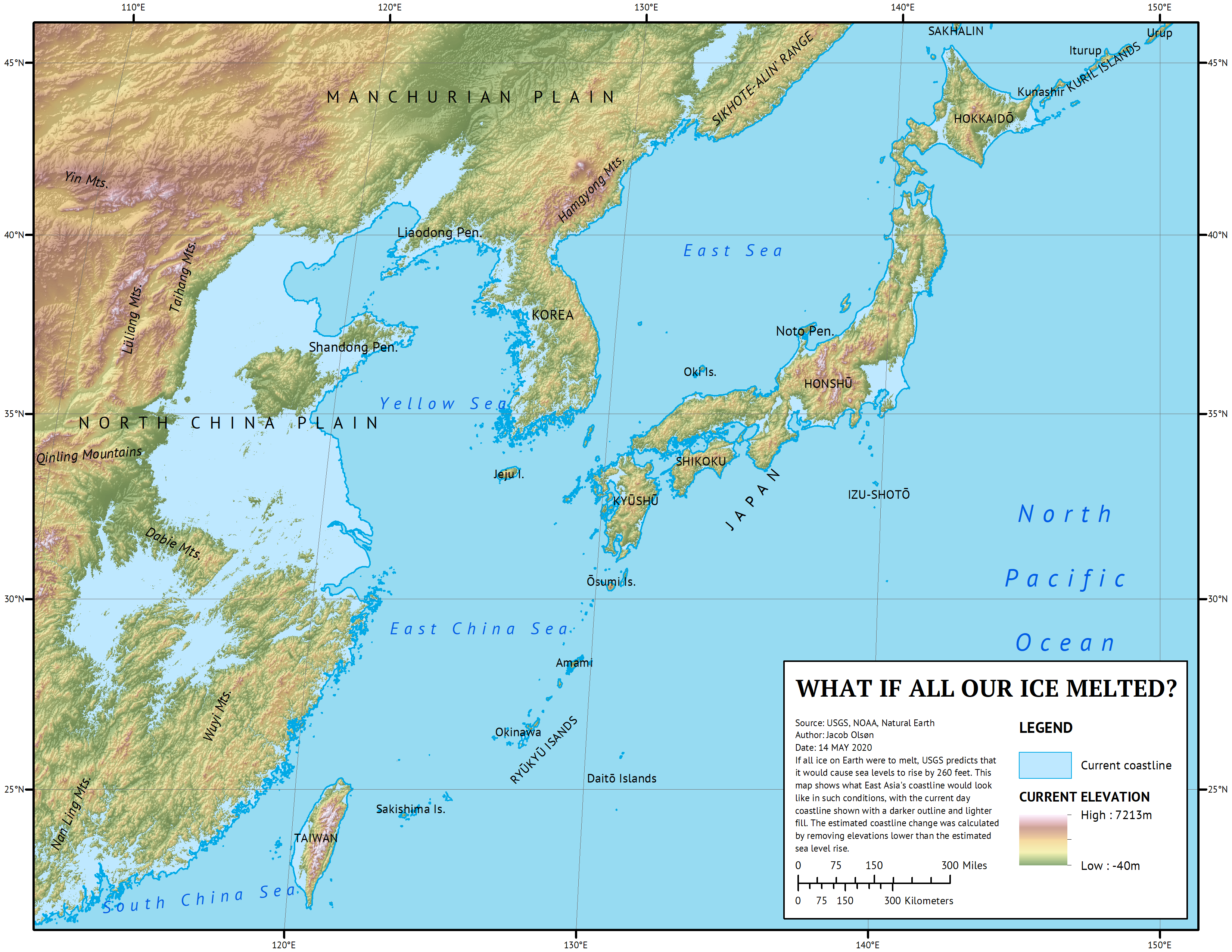 Map of coastline change in East Asia